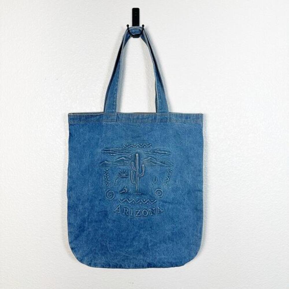 Vintage 80s 90s Boho Southwestern Arizona Embossed Denim Large Tote Bag Blue
